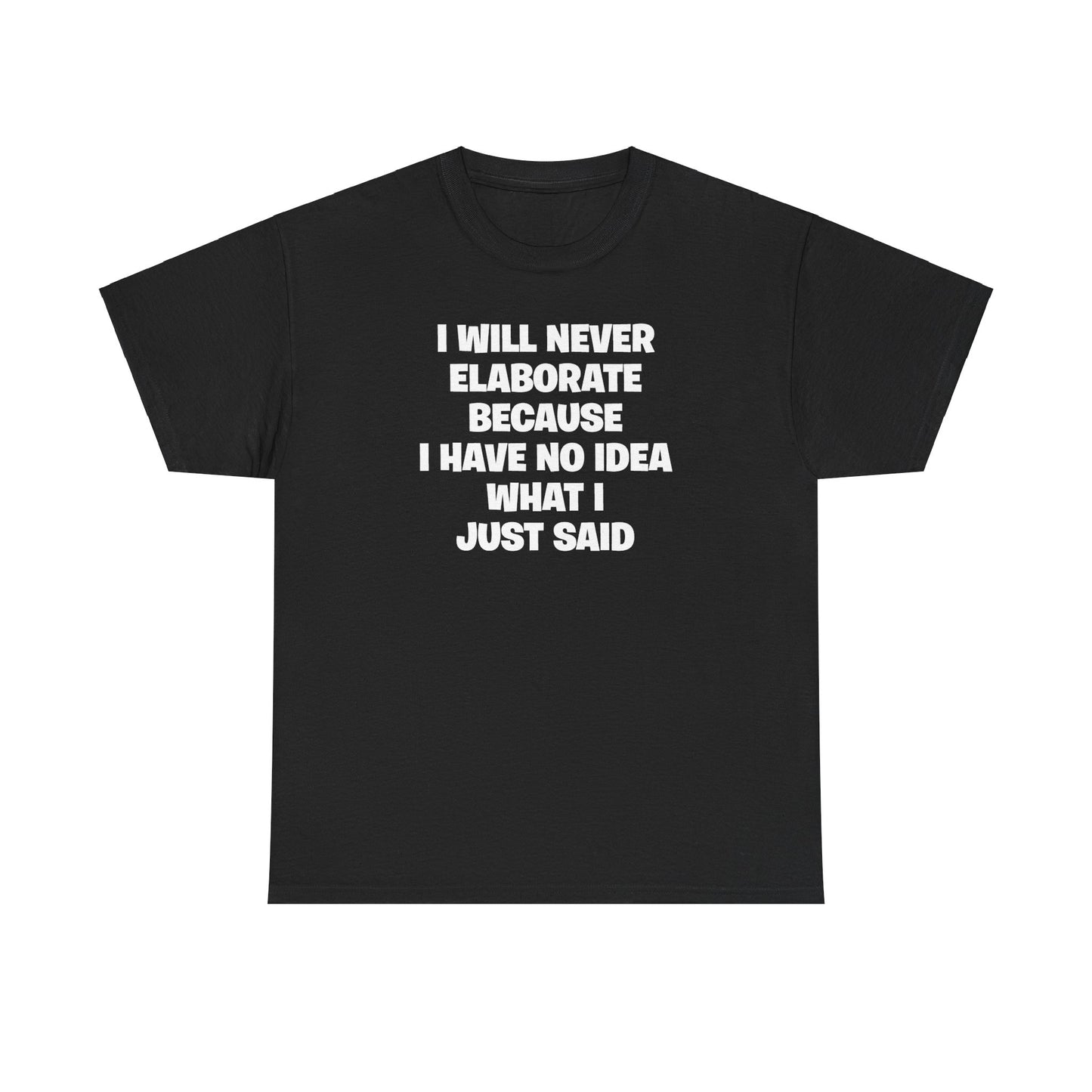 I WILL NEVER ELABORATE BECAUSE I HAVE NO IDEA WHAT I JUST SAID T-SHIRT